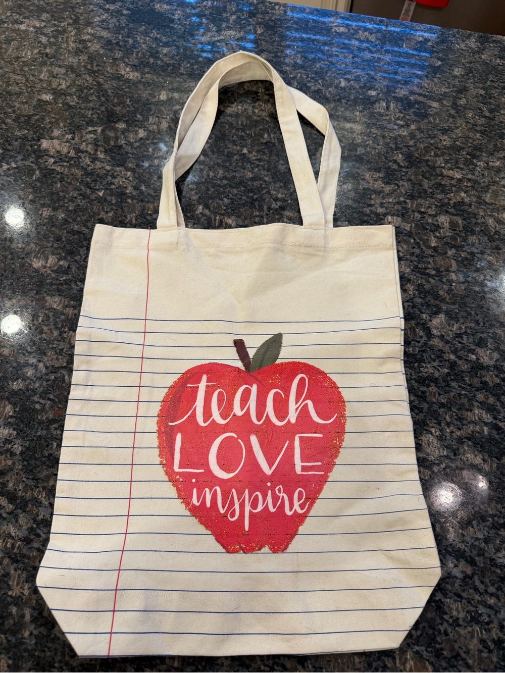 Canvas Apple Print Tote Bag - Teach Love Inspire - Cream/Red